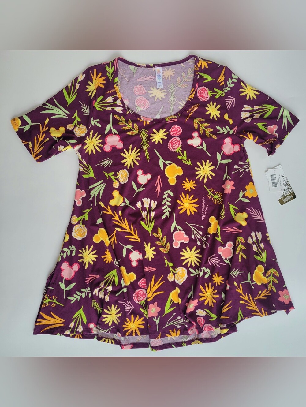 LuLaRoe Disney Perfect T Shirt S Maroon Mickey Mouse Flower Heads Floral NEW